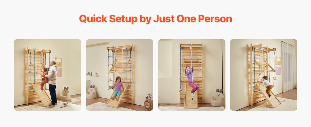 VEVOR Schwedische Leiter Wandgymnastik, 8-in-1 15 Stufen Massivholz Indoor Dschungelgymnastik, 220LBS Wand-Stangen-Kletterspielset mit Wandleiter, Rutschbrett, Klimmzugstange, Gymnastikringen, Schaukelsitz, Seilleiter, 15-lagiger Griffstab