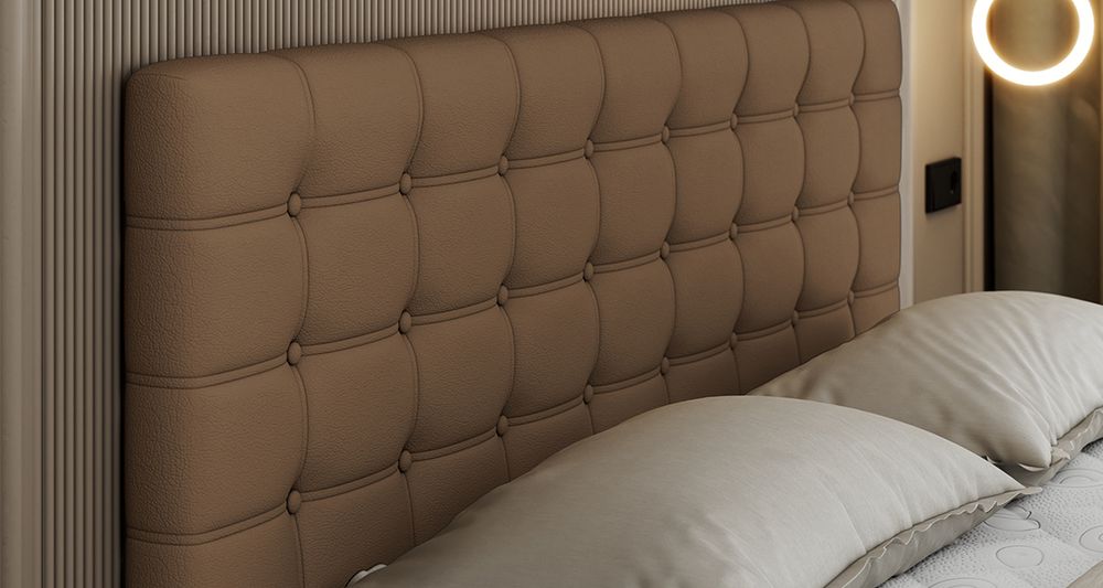 Vergrößern Sie das Kopfteil des Boxspringbettes, das Foto zeigt braun Stoff