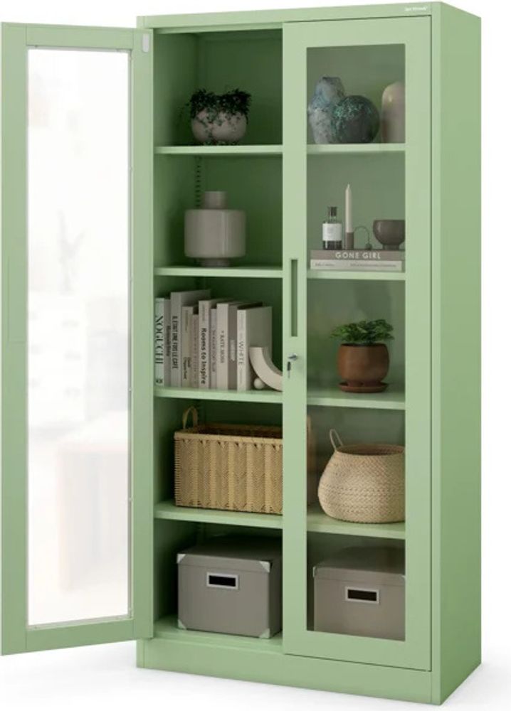 Jan Nowak Aktenschrank Medizinschrank Büroschrank Flügeltürschrank Glasvitrine 4 Fachböden Stahl Abschließbar 185 x 90 x 40 cm Farbe: Pastellgrün