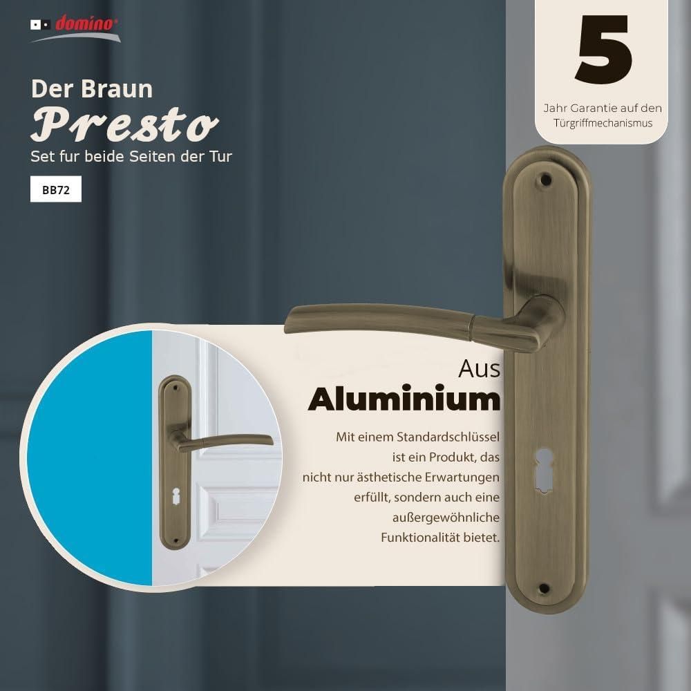 DOMINO Türgriff 72 Drückergarnitur BB-Buntbart Set | Langschildgarnitur | Türklinke für Zimmertür, Bürotür, Kellertür & Innentür | L-Form | Türbeschläge aus Aluminiuml | Bronze Türdrückergarnitur |PRESTO M3