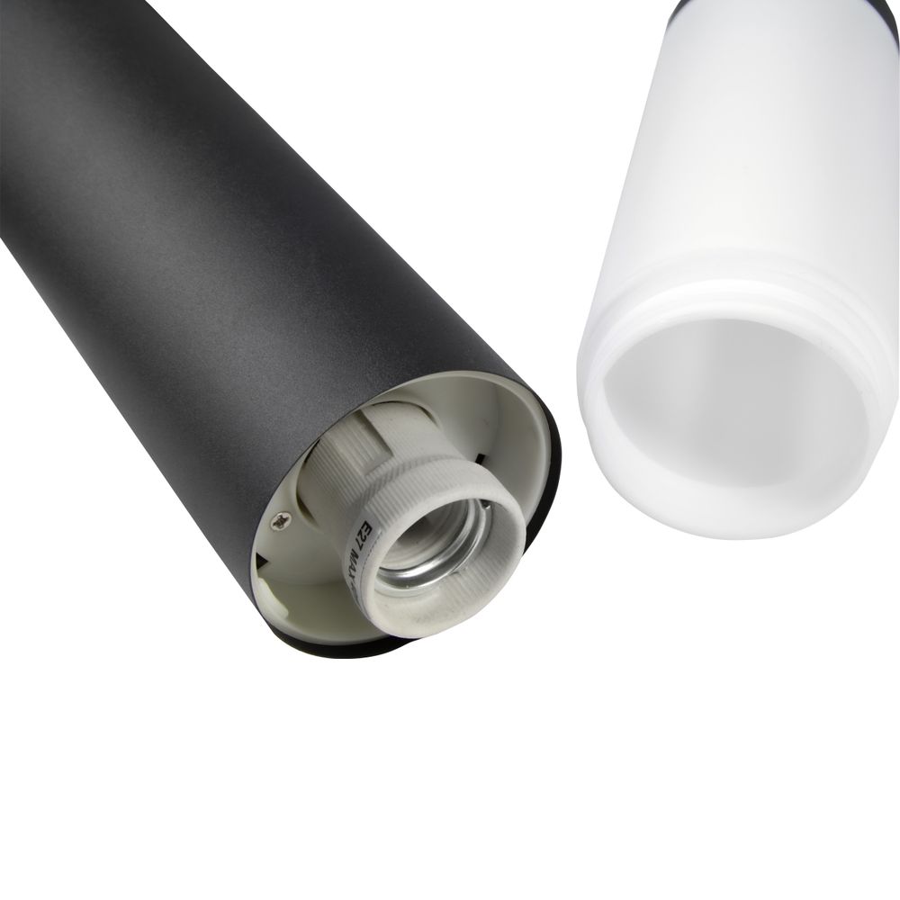 Schwarz Lampe mit abgeschraubtem Schirm, sichtbare E27-Fassung und matter Schirm.