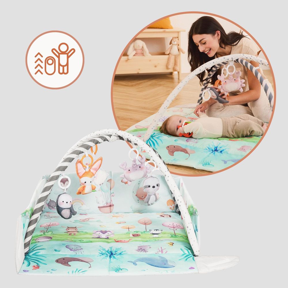 Lionelo Spielmatte mit Spielbogen Anika Natural aus Bambus mit 8 abnehmbaren Spielzeugen, baby spieldecke mit spielbogen