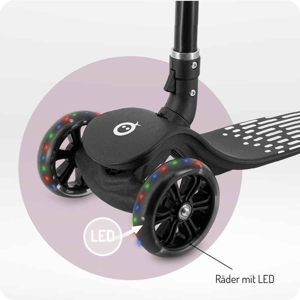 MoMi SAN 2-in-1 3-Rad-Kinderroller – höhenverstellbarer Lenker 60/66/72 cm, klappbar, LED-Räder, ABEC-7, Trittbremse, 2,7 kg