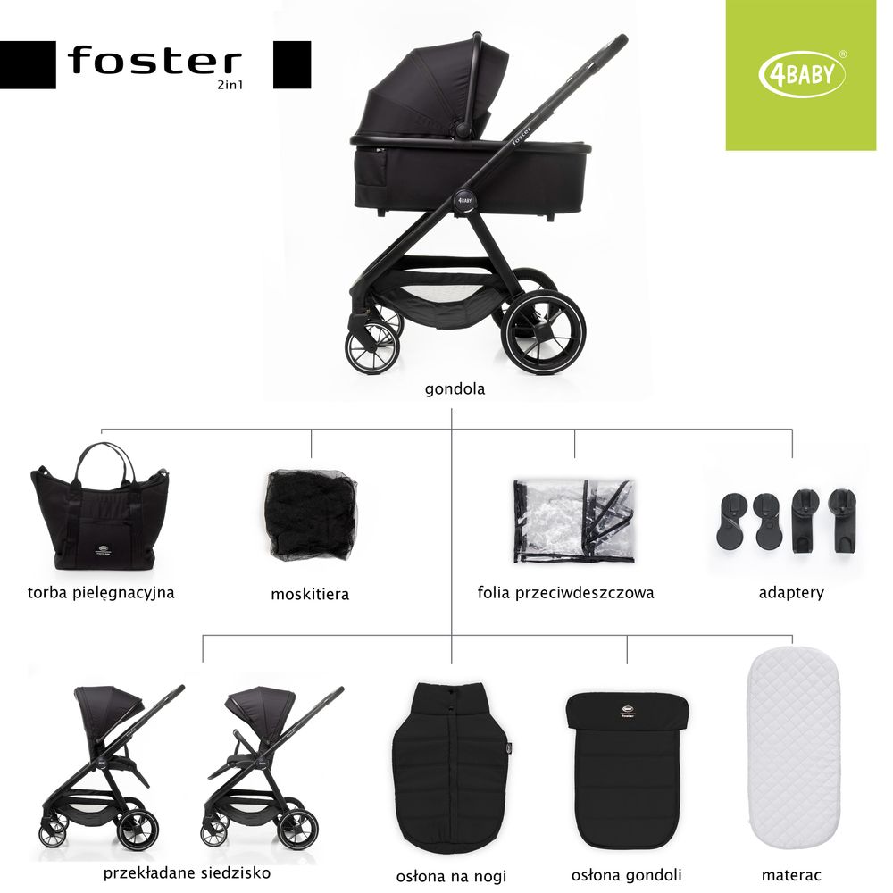 4Baby | Kočík - Kombinovaný kočík 2 v 1 - Čierny - Nastaviteľné operadlo - Do 22 kg - s hlbokou vaničkou, otočné sedadlo, terénne pneumatiky - Foster