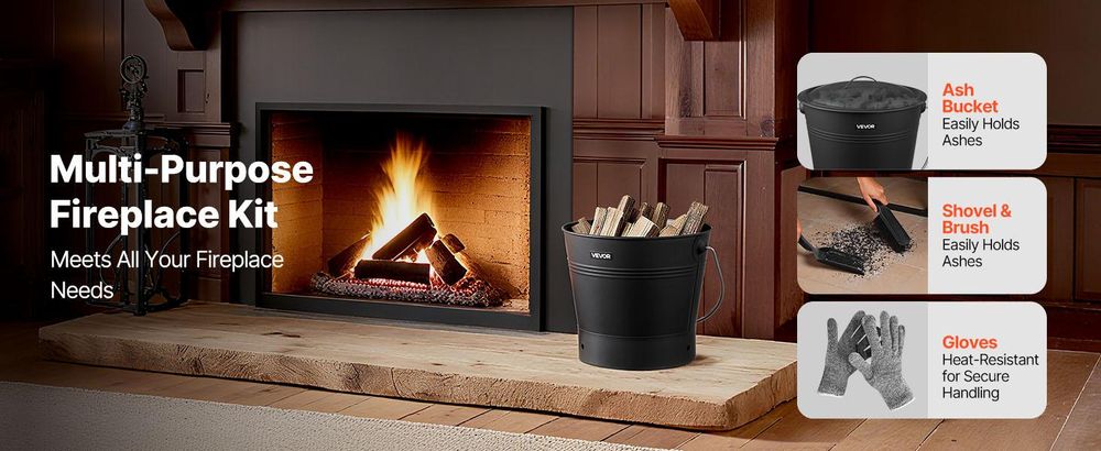 VEVOR Aschebehälter, 4 Teile mit Deckel, Schaufel, Besen und Handschuhe, Metall Kamin Holzkohlebehälter und Aschekanne, 15L große Kapazität für Kamin, Feuerstellen, Holzöfen, drinnen und draußen, 2.6 Gallonen