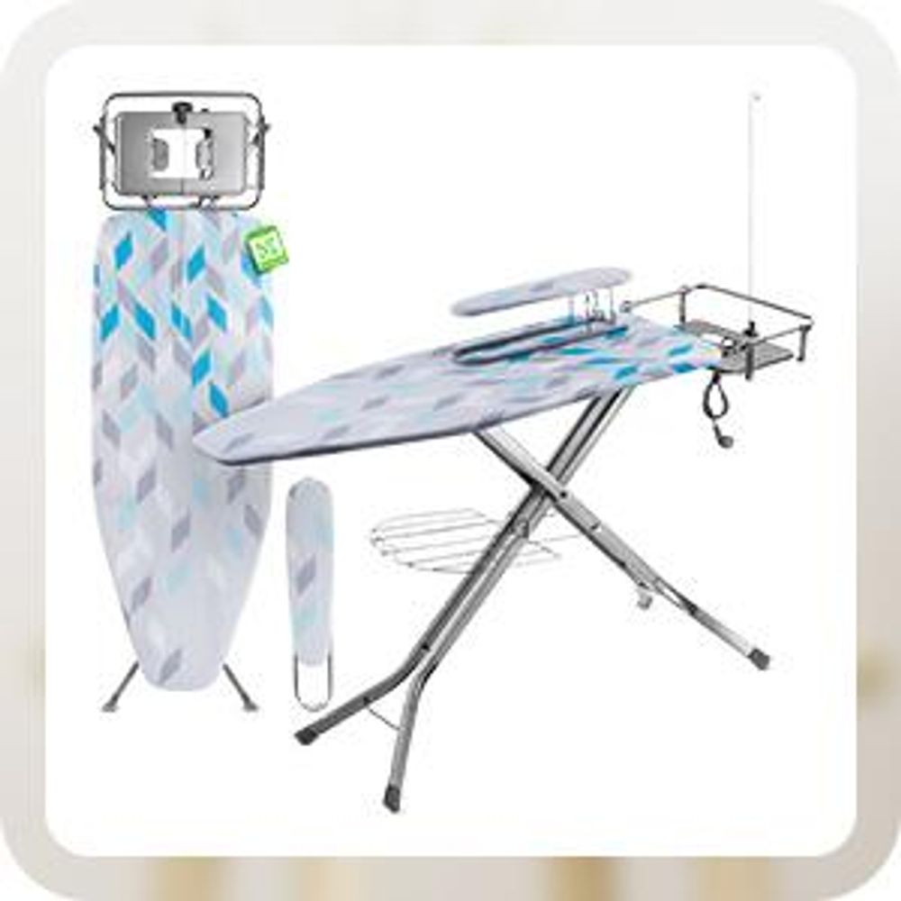KADAX Bügelbrett mit Steckdose "Aleglo", Bügeleisenablage und Ärmelbügeltisch, 130cm, Blau
