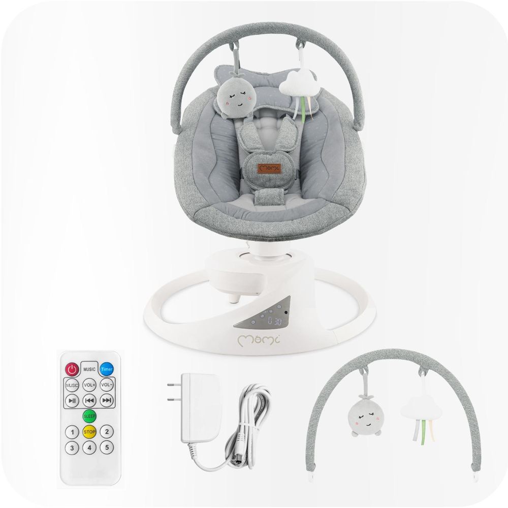 MoMi PEARL – Babywippe mit Bluetooth, 360° Sitzdrehung, 2 Modi, Nummern‑Panel – Grau