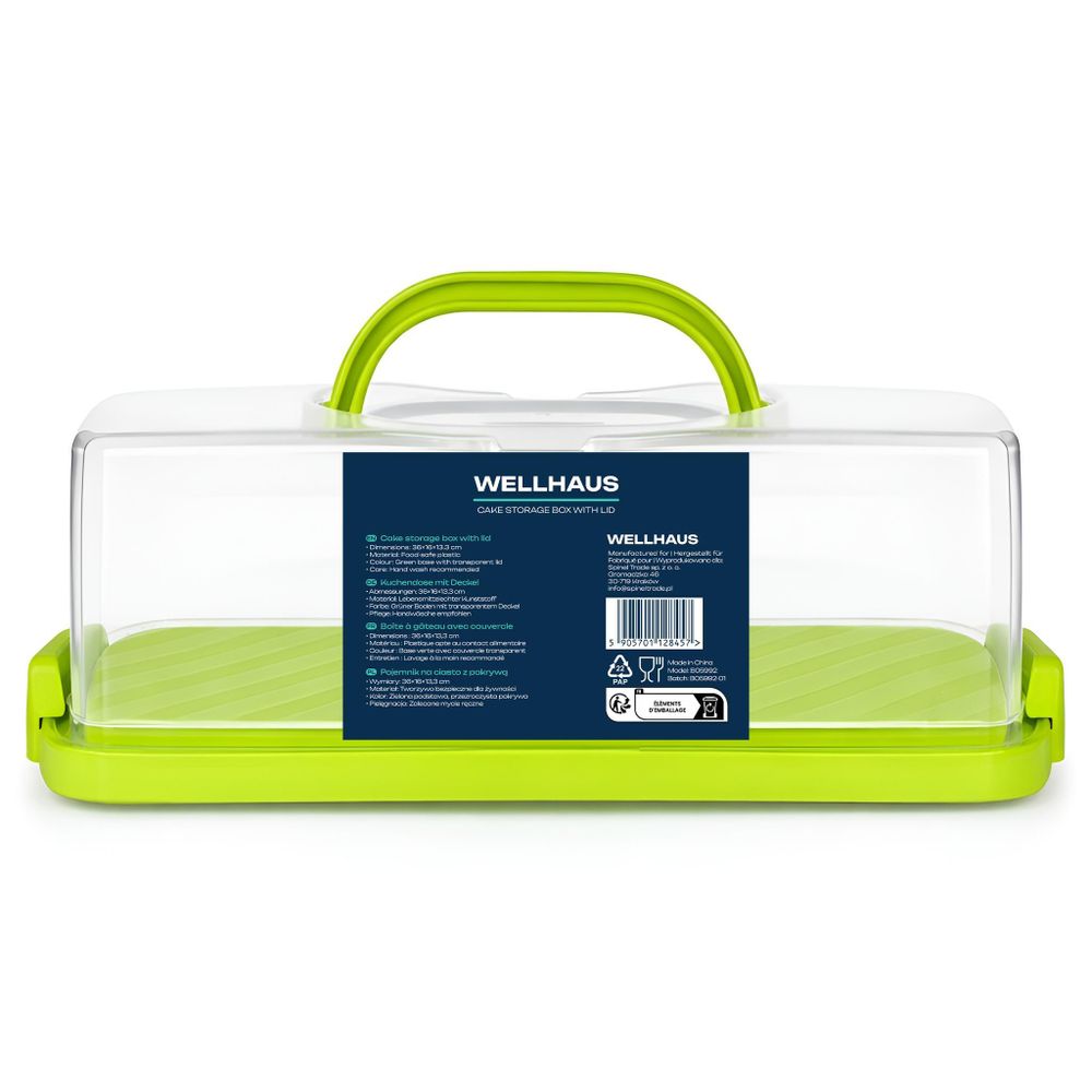 WELLHAUS Kuchenbehälter Grün 36 x 16 x 13,3 cm – Transportbox mit Deckel