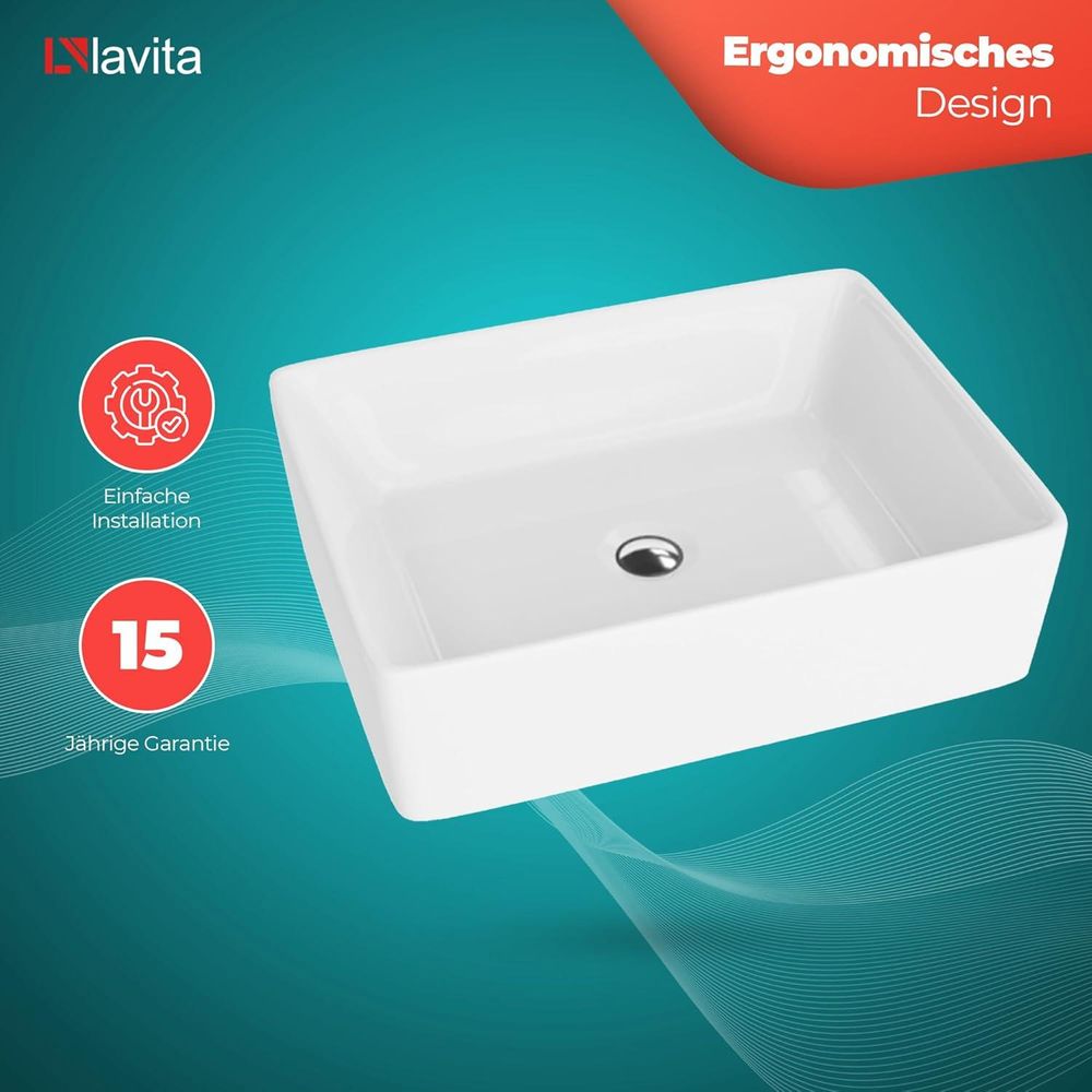 LAVITA Aufsatzwaschtisch Alegranza| Aufsatzwaschbecken Rechteckig | Waschbecken Ohne Überlauf und Hahnloch | Aus hochwertigem Porzellan | Waschtisch | 49x38x13,5 cm | Weiß Glanz