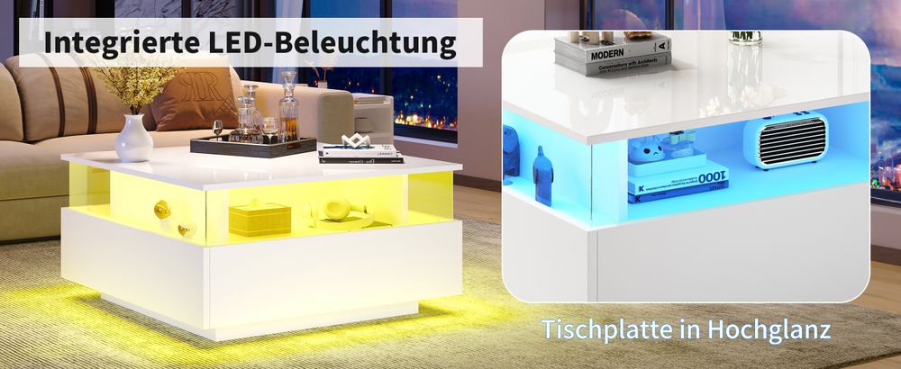 MODFU Couchtisch Wohnzimmertisch LED-Couchtisch für Wohnzimmer, Schlafzimmer, Beistelltisch Quadratischerr mit 2 Schubladen und transparentem Präsentationsbereich, Weiß