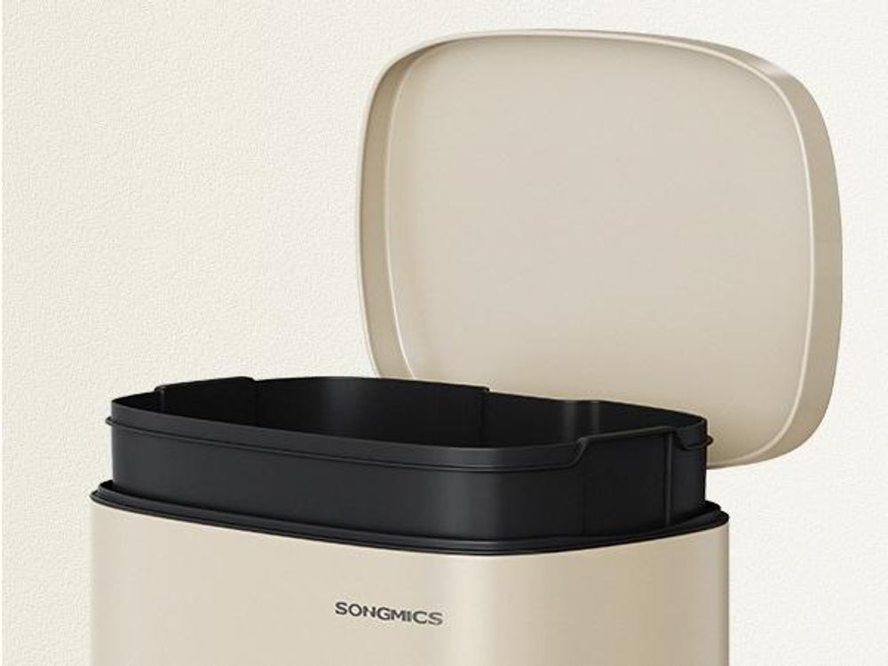 SONGMICS Mülleimer Küche, 50 Liter, Abfalleimer, Treteimer, mit Deckel, Softclose, Fußpedal, Stahl, Inneneimer, sandbeige