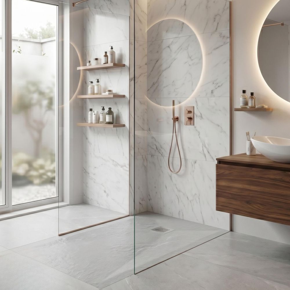 Moderne Duschtasse mit Steinstruktur in eleganter Walk-in Duschzone