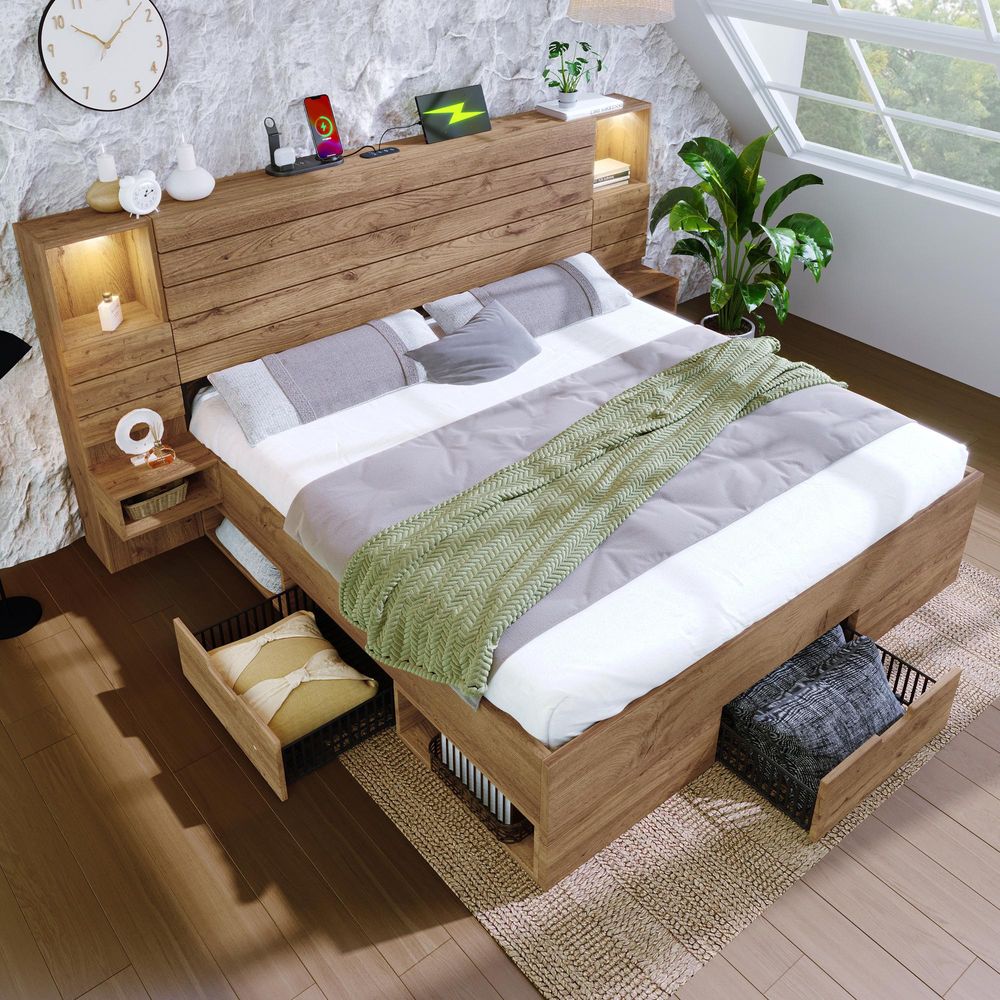 Flieks Stauraumbett Doppelbett 180x200cm mit USB & Type-c, Jugendbett Holzbett mit LED, Funktionsbett mit Schubladen, offene Fächer & Nachttisch, Oak