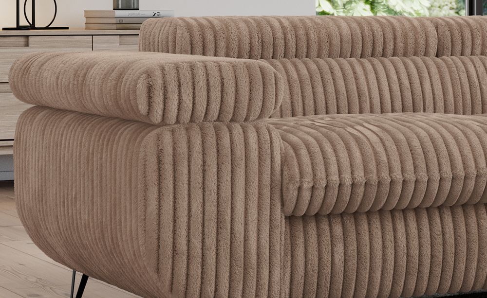 Zoomen Sie auf die Sitzfläche des Ecksofas. Sofa in Braun Cord-Stoff