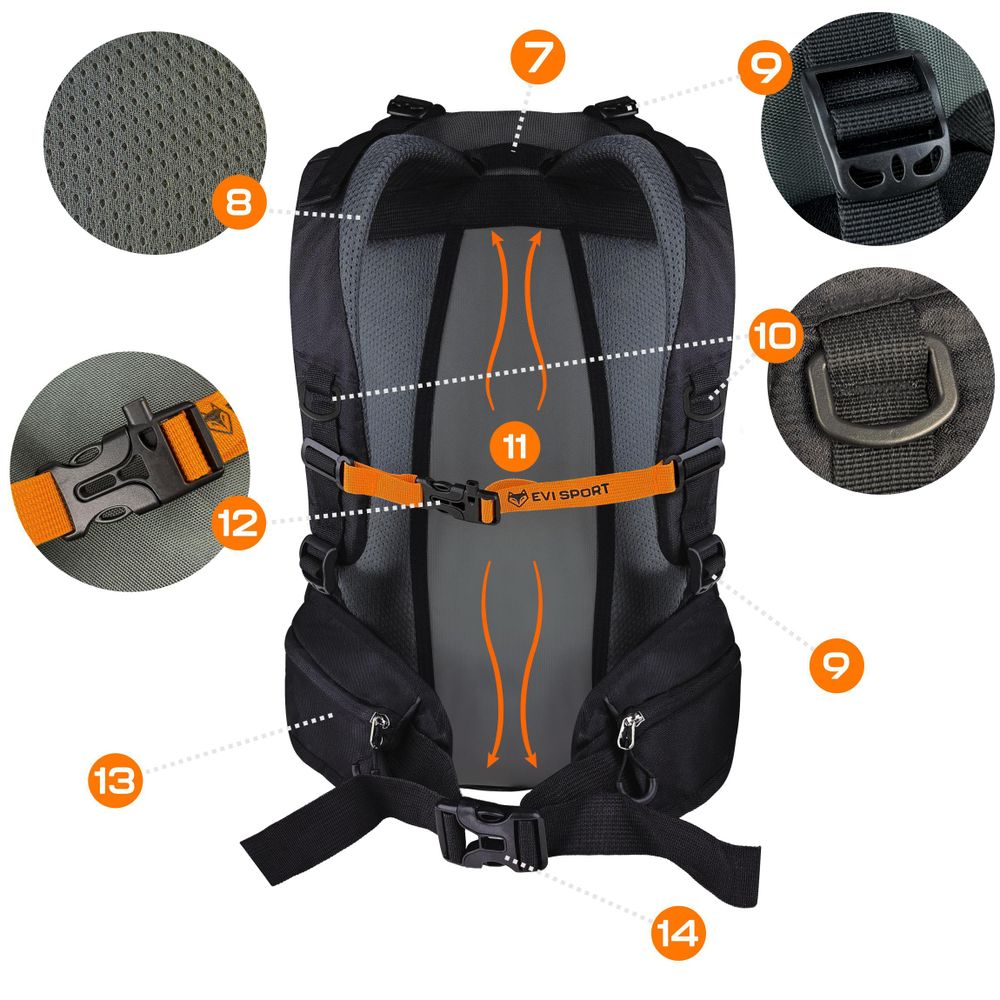 Wanderrucksack 40L Trekkingrucksack Herren & Damen, Titan-Core™ Nylon Outdoor Rucksack mit Regenschutz & Hüfttaschen, EVI SPORT Explorerpack Schwarz