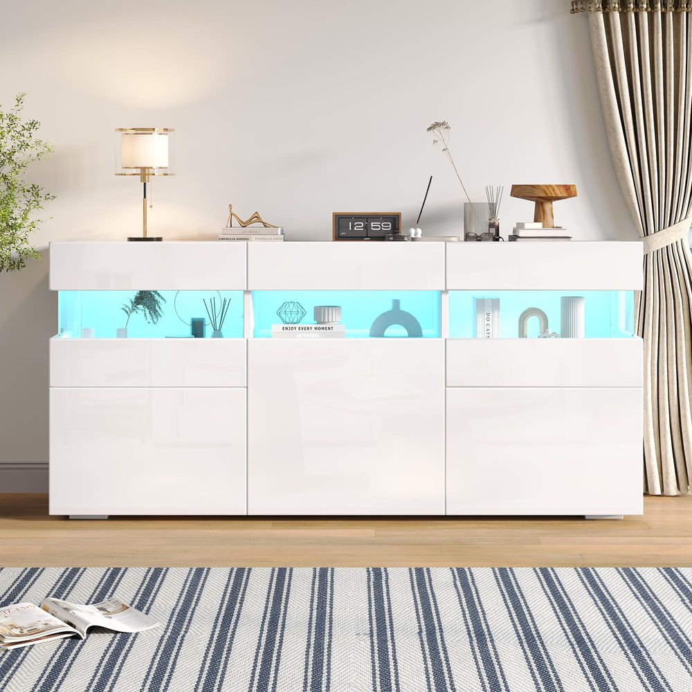 Merax Hochglanz Sideboard mit LED und 3 Türen, Kommode mit 7 Ablagefächern und transparentem Acryl, Wohnzimmerschrank mit Anti-Kipp-Schutz, Weiß