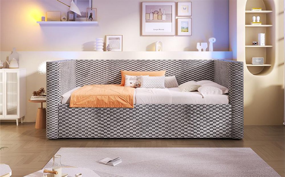 Merax Tagesbett 90x200 cm mit LED-Beleuchtung, Schlafsofa mit hydraulischem Stauraum, Samt Kinderbett, Daybett fur Kinder, Jugendzimmer, Grau