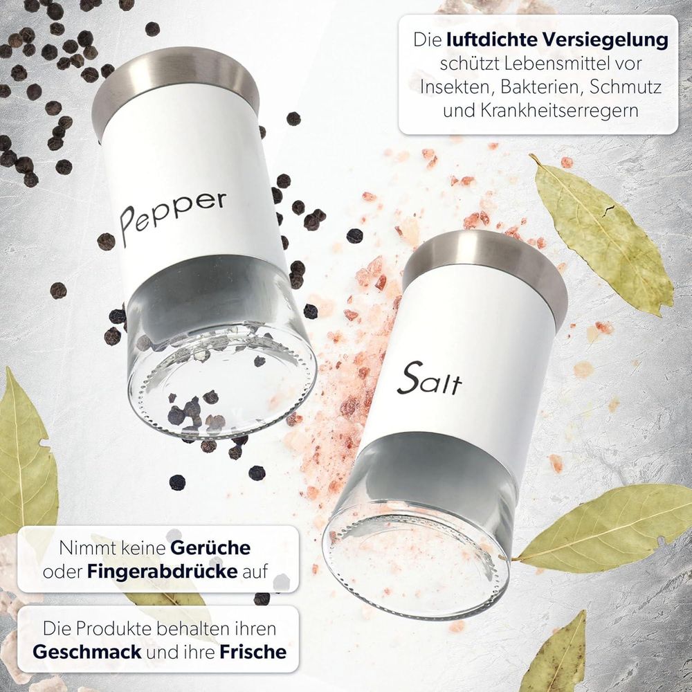 KADAX Salz-und Pfefferstreuer "Force", aus Glas und Edelstahl, Gewürzstreuer Set, Gewürzgläser, Weiß, 150 ml