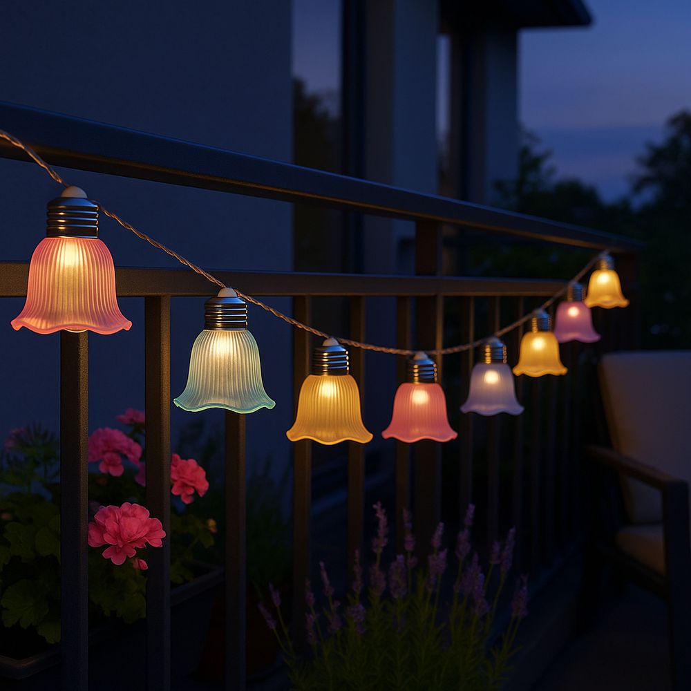 Abendlicher Blick auf den Balkon, geschmückt mit einer mehrfarbigen Lichterkette.