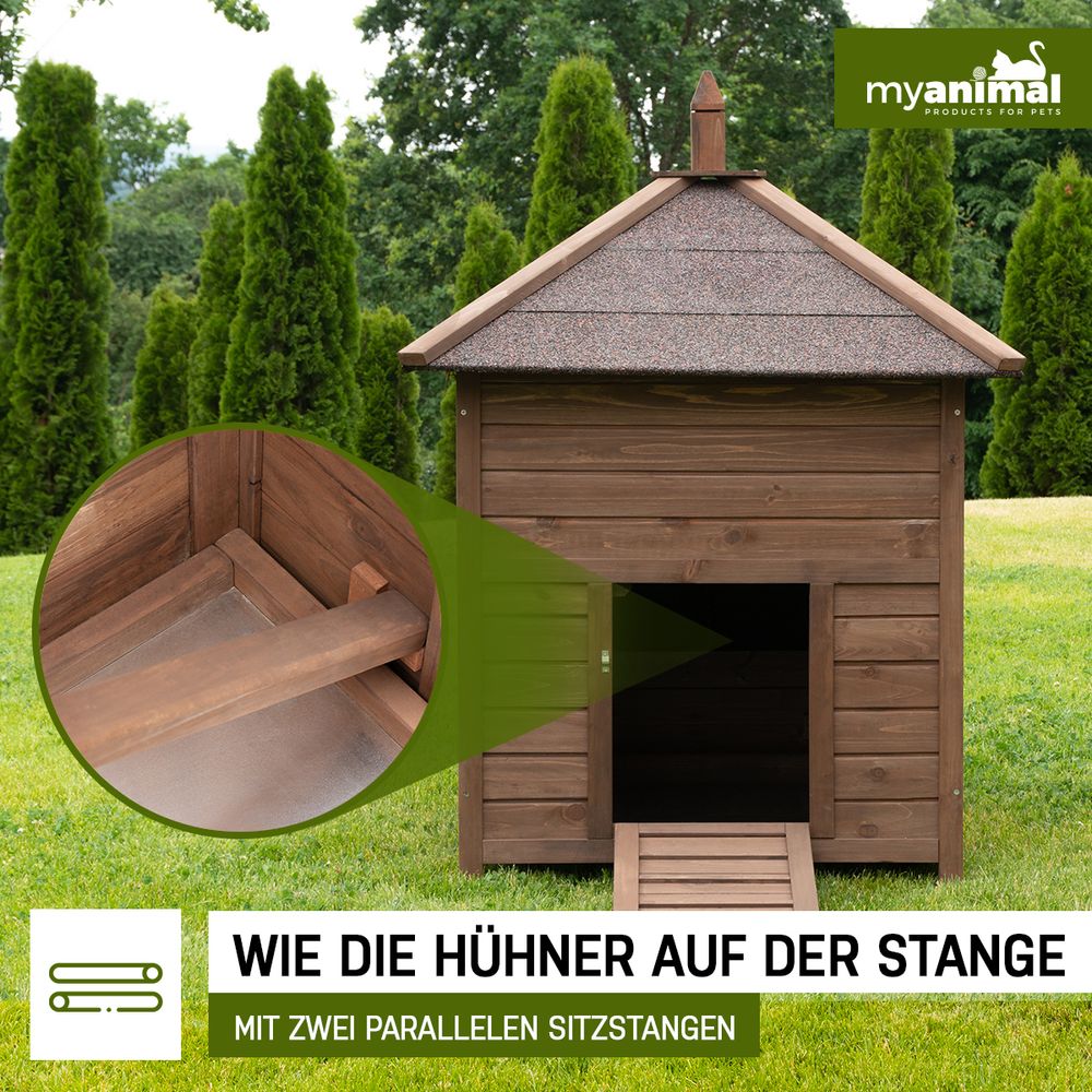 MyAnimal Hühnerstall MH-11 | Für 3 Hühner - Hühnerhaus Voliere - Sitzstange - Nistkasten - Eiablage - Dach Wasserabweisend & Abnehmbar - (Dunkelbraun)