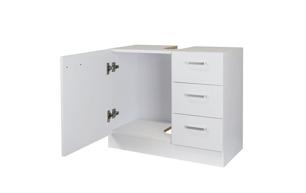 Waschbeckenunterschrank "Knut" polarweiß matt mit 3 Schubladen, Waschtischunterschrank 63x30x54cm