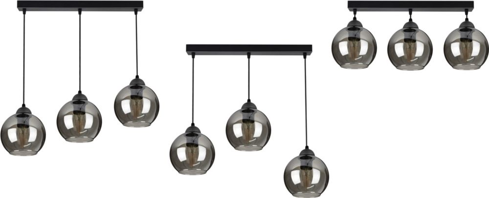 Pendelleuchte mit 3 Glasschirmen in Schwarz, Transparent, 3x E27