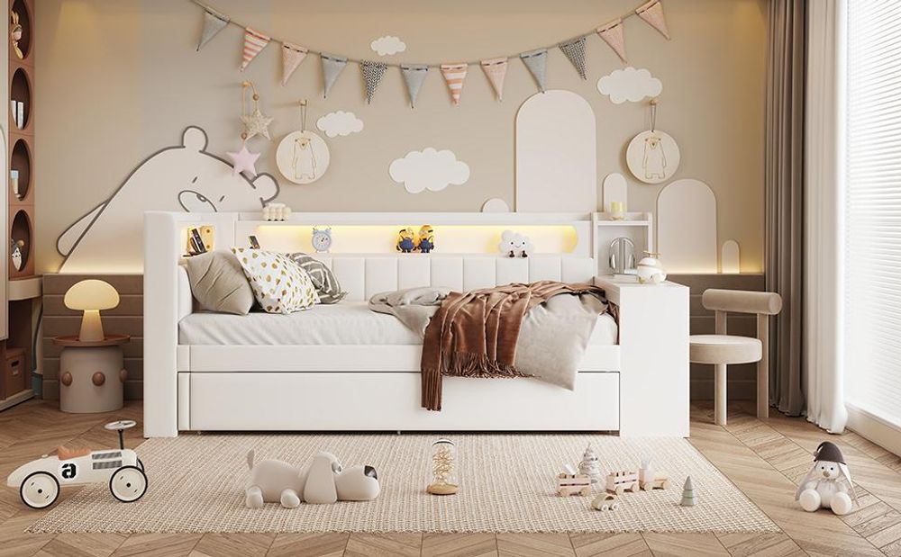Merax Tagesbett 90x200 mit Ausziehbett 90×190cm, USB-Anschluss, LED, Schreibtisch, Stauraum, Schlafsofa Kinderbett mit Leinenkissen, Weiß