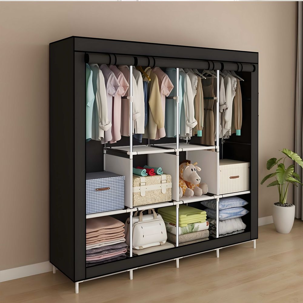 Stoffschrank 165x170x45 cm mit Kleiderstange Faltschrank Reißverschluss Seitentasche Kleiderschrank Fächern Steckschrank Textil Garderobe Retoo