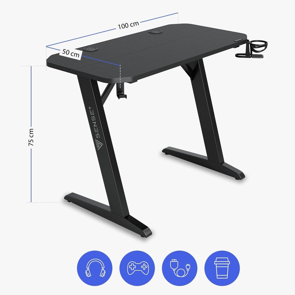 SENSE7 Nomad Basic – biurko do gier, 100 x 50 cm, biurko komputerowe, biurko dla graczy, małe biurko, stolik pod laptopa, do pokoju młodzieżowego, kolor czarny