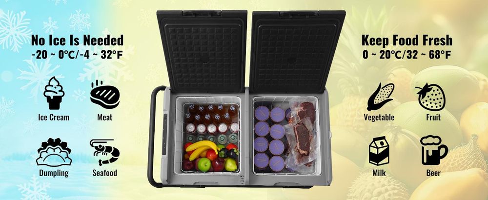 VEVOR 12 V Autokühlschrank, tragbarer 115 L Gefrierschrank mit 2 Zonen und Rädern & Griff, -20 °C bis 20 °C, 12/24 V DC / 100–240 V AC-Kompressorkühler für den Außenbereich, Camping, Reisen