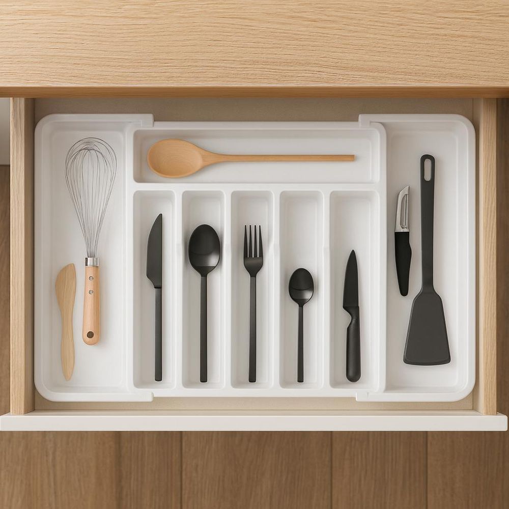 WELLHAUS - Ausziehbare, verstellbare Besteck- und Küchen­schubladen-Organizer in elegantem Weiß - flexibles Raum­wunder für Ihre Küche (Weiß)