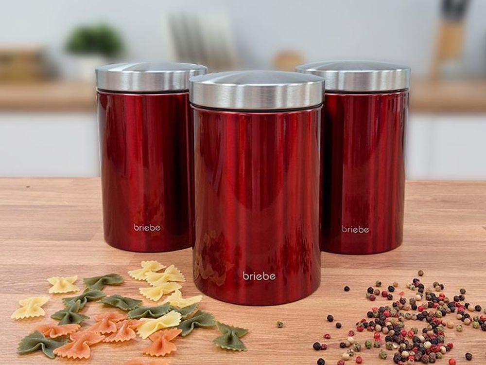 Briebe BB1161 Set aus Brotkasten +3 Küchenvorratsdosen aus Robustem Edelstahl Modernes Design Rot/Edelstahl