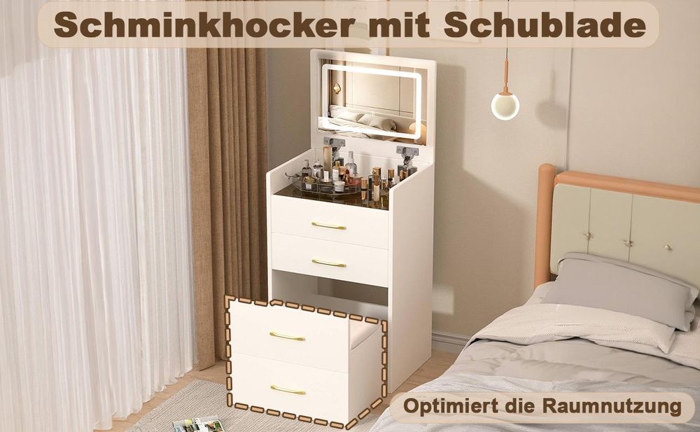 okwish 3-in-1 Schminktisch mit aufklappbarer Spiegel und Hocker,Kosmetiktisch mit 3 Schubladen,Schminkkommode,Viel Stauraum,Weiß