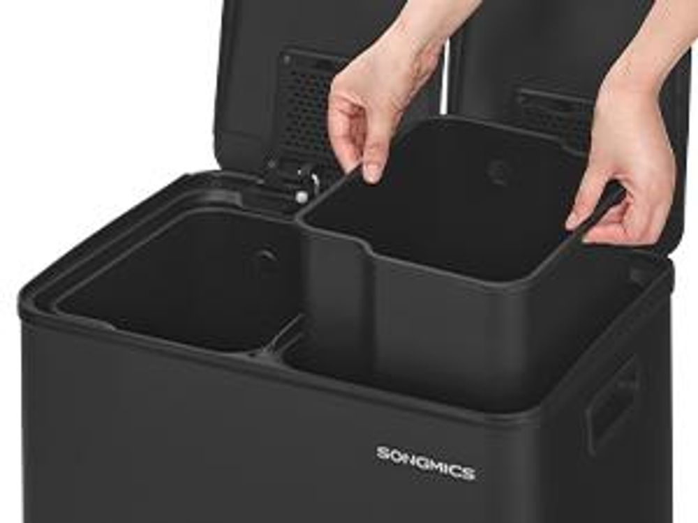 Mülleimer Küche, 2 x 30 Liter, 2 Fächer, Abfalleimer, Tretmülleimer, Softclose-Deckel, Stahl, tintenschwarz