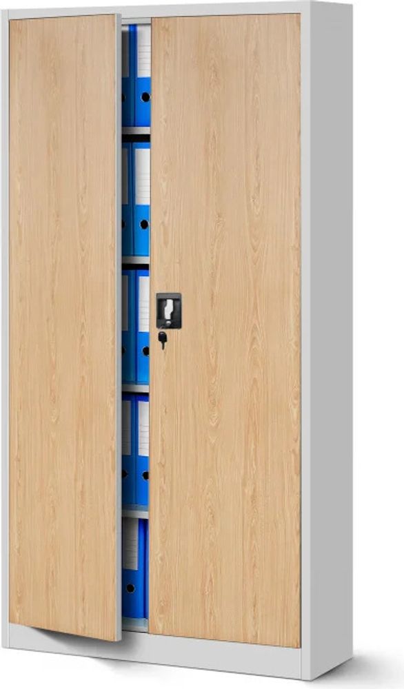 Aktenschrank Büroschrank Metallschrank Stahlschrank Werkzeugschrank Stahlblech Pulverbeschichtet Flügeltürschrank Abschließbar 195 cm x 90 cm x 40 cm Farbe: Weiß/Holzoptik