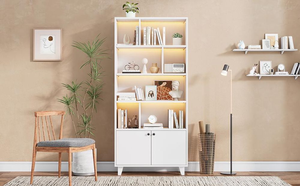 Merax Vitrinen Bücherregal mit LED-Ambientelicht & Fernbedienung, Massivholzfüße, 2 Türen, Regalfächer, Schrank Wohnzimmer, 80x30x173cm, Weiß