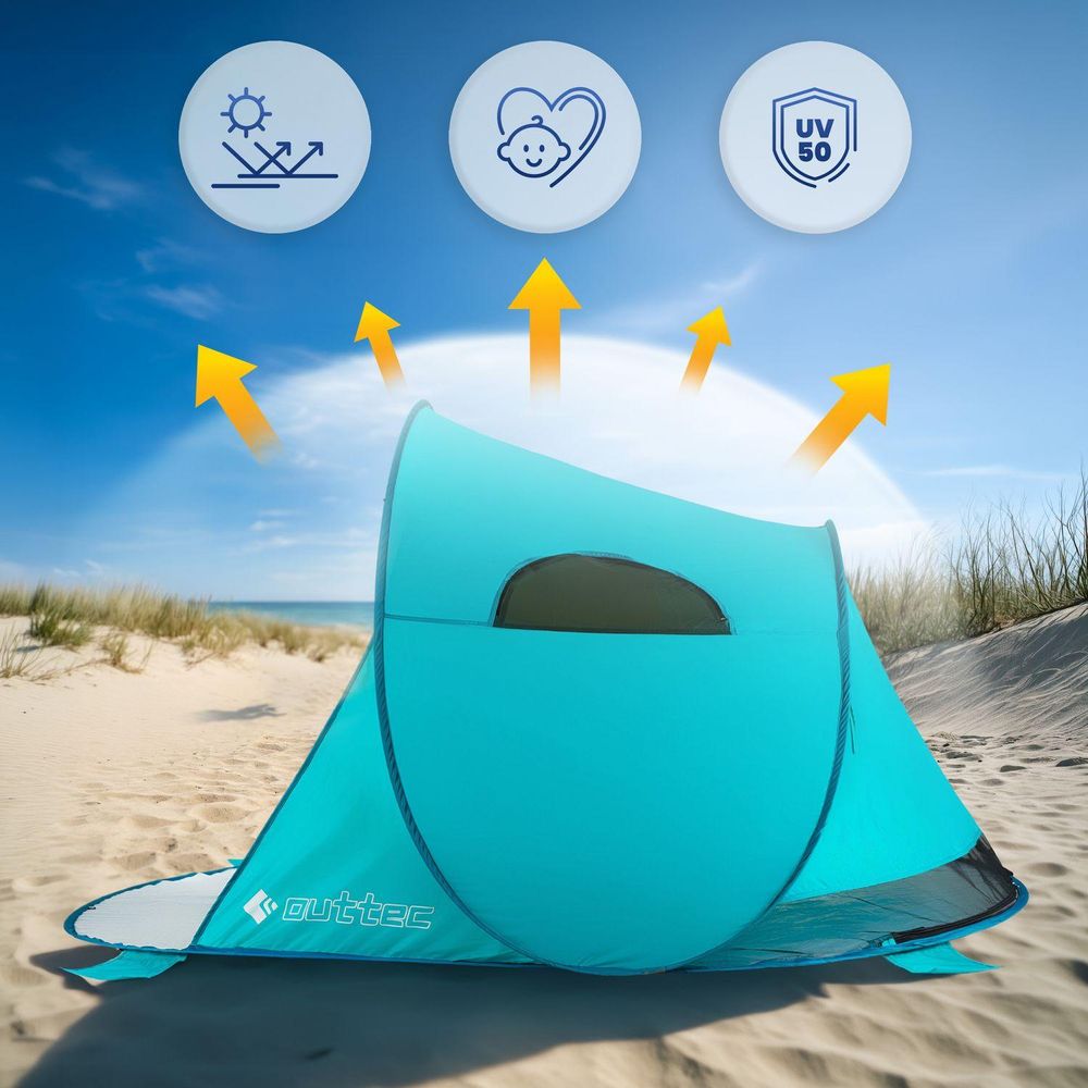 Strandzelt mit Symbolen für UV-Schutz 50, Kindersicherheit und Sonnenreflexion