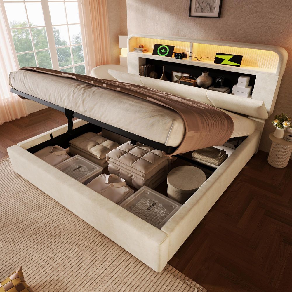 Flieks Hydraulisches Polsterbett 140x200cm mit Led, Stauraumbett Einzelbett mit Ladefunktion, Jugendbett mit höhenverstellbarem Kopfteil, Samt, Beige