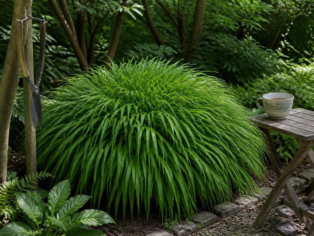 Entspannte Gartenszene, Schere hängt unbenutzt am Haken, gepflegter Horst davor.