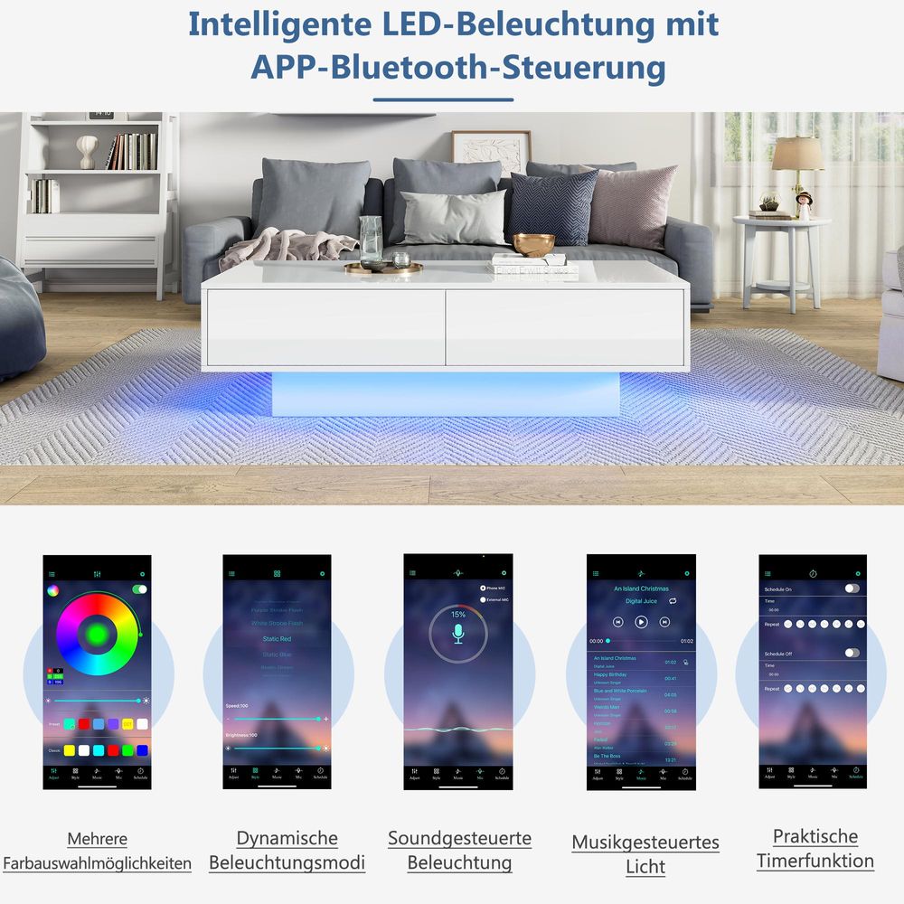 okwish Couchtisch Wohnzimmertish Beistelltisch mit 2 Schubladen,Eleganter Wohnzimmertisch,Kaffeetisch mit LED-Beleuchtung,Weiß