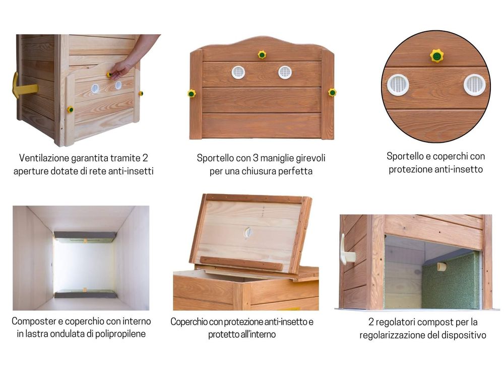 Compostiera in Legno 340lt, Protezione Completa Anti-Topi-Roditori, senza Cattivi Odori con Dispositivo d'Aerazione, senza Rivoltamento Compost