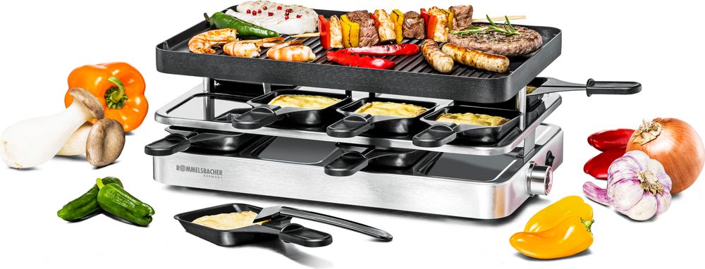 Raclette Grill RC 1400, antihaftbeschichtete Alu-Druckguss Wende-Grillplatte, 37 x 23 cm, Parkdeck, stufenlose Temperaturregelung, 8 Pfännchen, 8 Schaber, 2 m Kabel, 1200 Watt