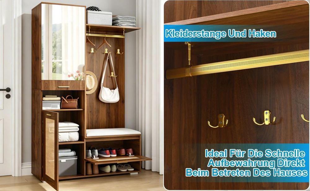 okwish Flurschrank Kleiderschrank mit Spiegel und Schuhschrank,Wandgarderobe mit Stauraumfach und LED-Beleuchtung,Nussbaum