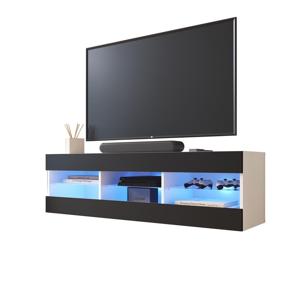 Komodee | Wohnwand Wohnzimmerset Tivoli Grande, Korpus Weiß Matt Frontfarbe Schwarz Matt, LED Blau