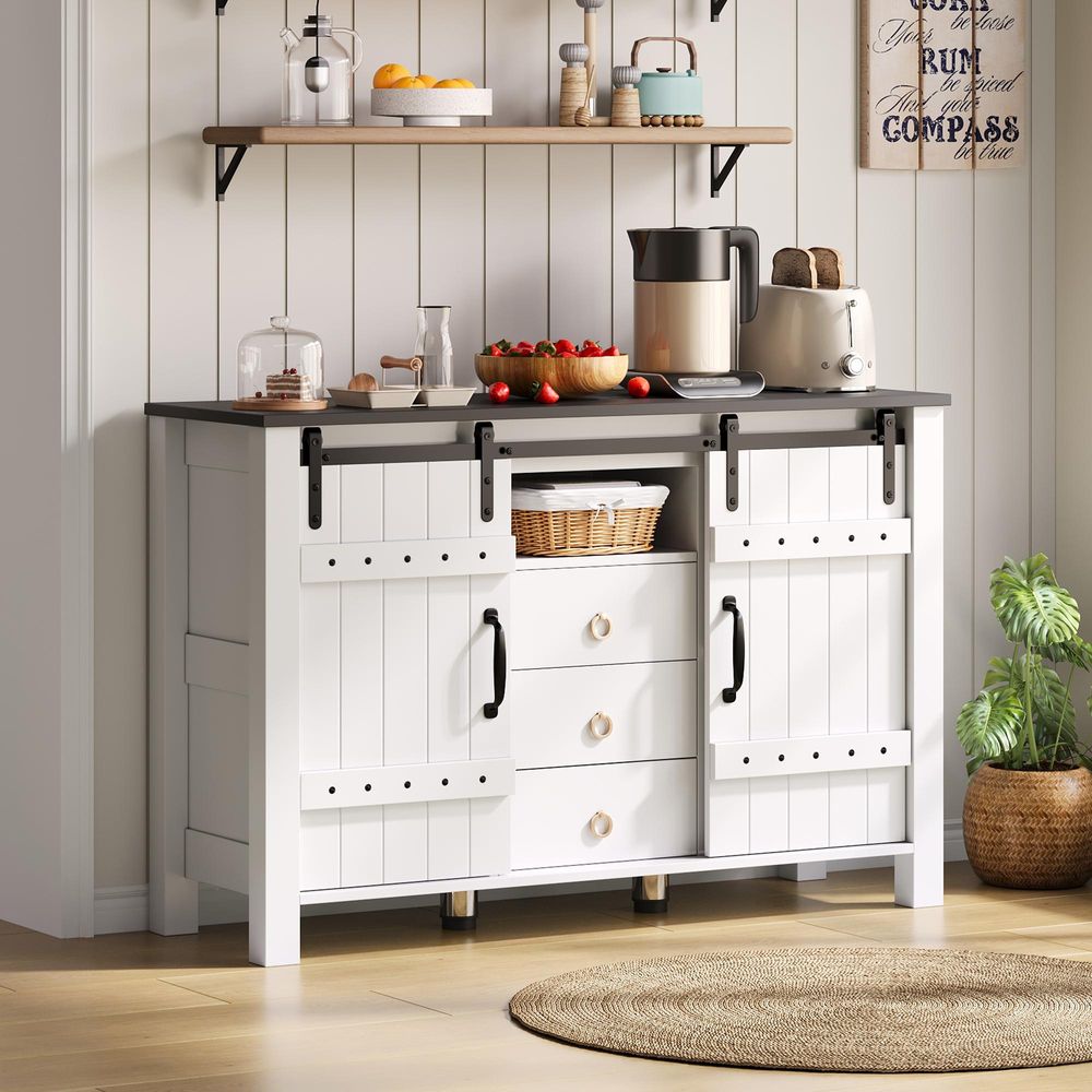 Merax Buffetschrank 120 cm in Weiß mit Schiebetüren & 3 Schubladen, Seitenschrank aus MDF, rustikaler Kaffeebar-Schrank für Küche & Wohnzimmer