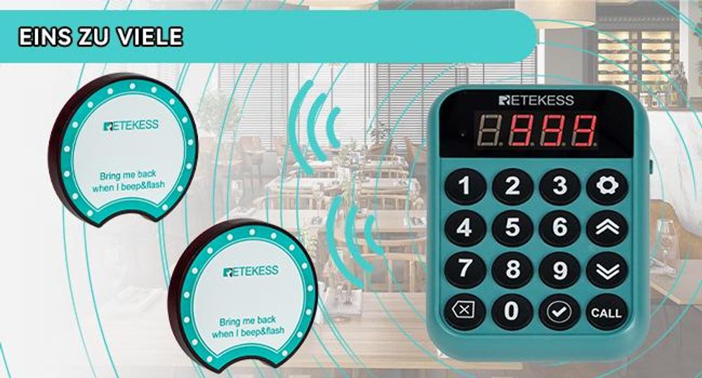Retekess TD168R Pager System Restaurant, Pager Pieper, 400M, Alarm außerhalb der Reichweite, 7 Rufmodi, Service Countdown Zeit, Gastro Pager für Bar