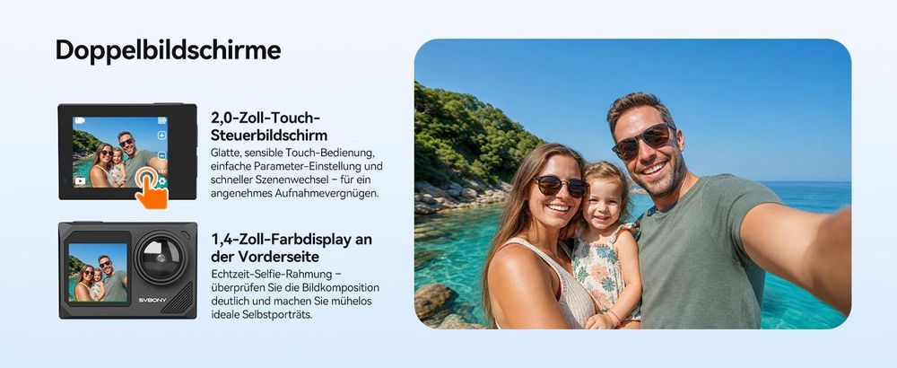 SVbony SVGO2 Action-Kamera 4K/30 fps IPX8 wasserdicht,30m,WLAN, EIS, 2,0-Zoll-Touchscreen, mit Auftriebsstange 2x1350mAh Akkus für Schnorchel, Surfen