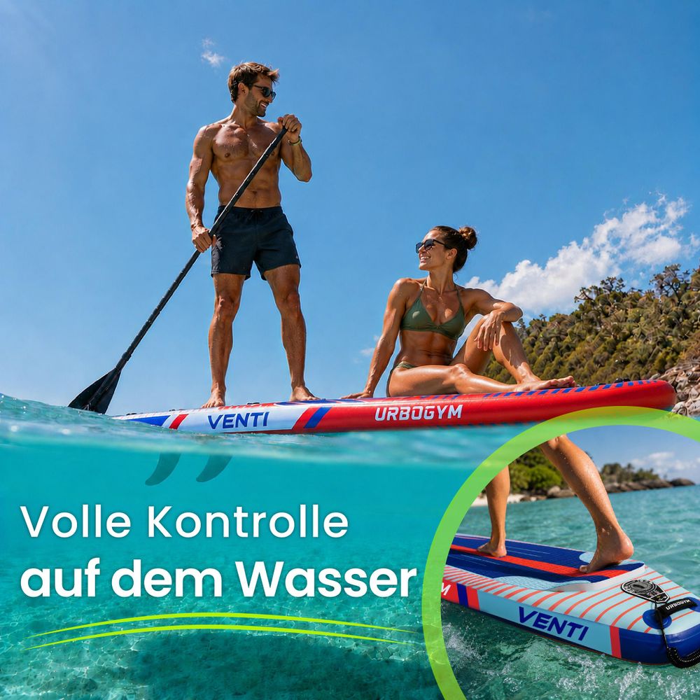 URBOGYM Venti SUP Board 350 cm Rot-Blau, aufblasbares Komplettset mit 3 Finnen
