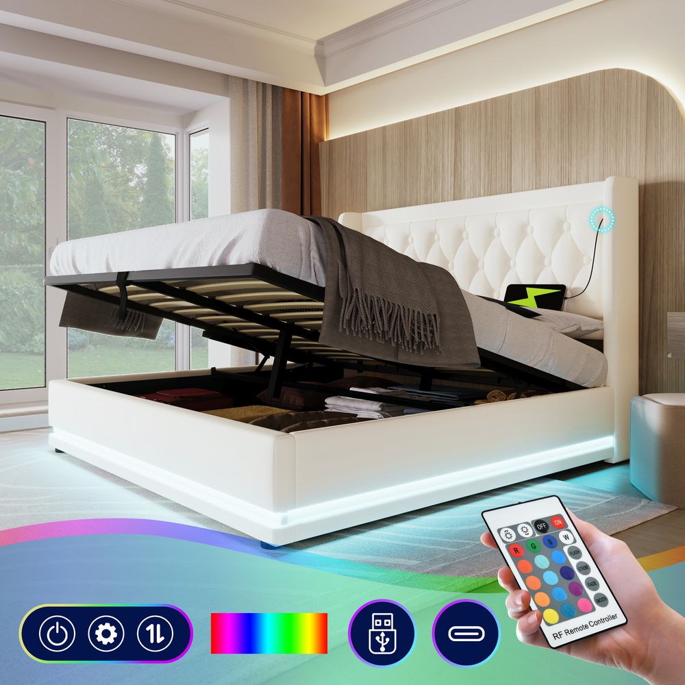 Flieks Polsterbett 160x200cm mit USB & Typ-C, Doppelbett Jugendbett mit LED, Hydraulisches Stauraumbett Boxspringbett mit Lattenrost, Kunstleder, Weiß