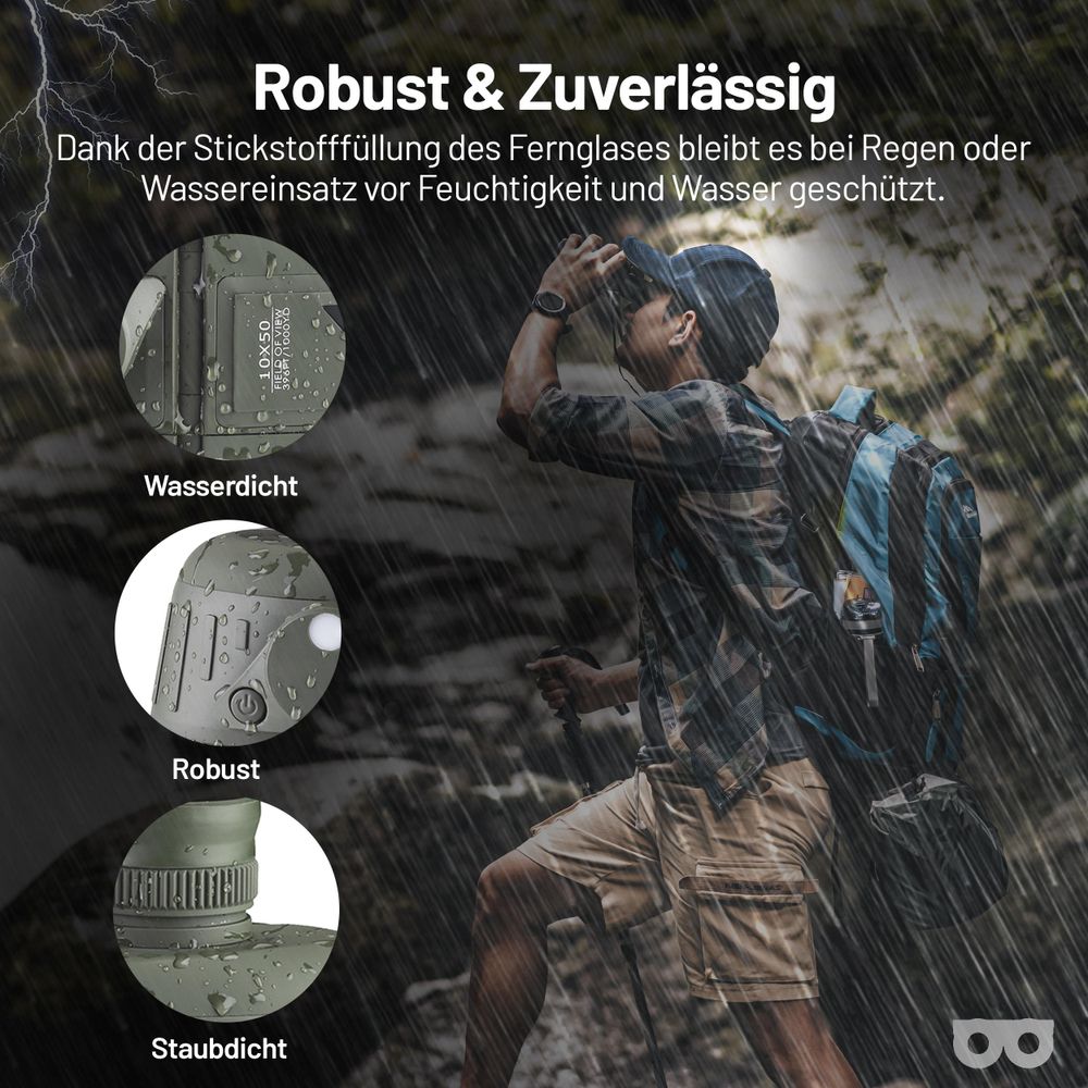 Gehäuse und Okular mit Wassertropfen, Hinweise auf wasserdicht, robust und staubdicht